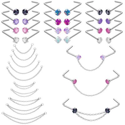 Pierstyles Nose Ring Chain Stainless Steel Nose Chain Across Nose Silver Nose Piercing Chain with 3mm CZ Nose Screw Bone L-Shaped Ring for Women Men Nose Nostril Piercing Jewelry