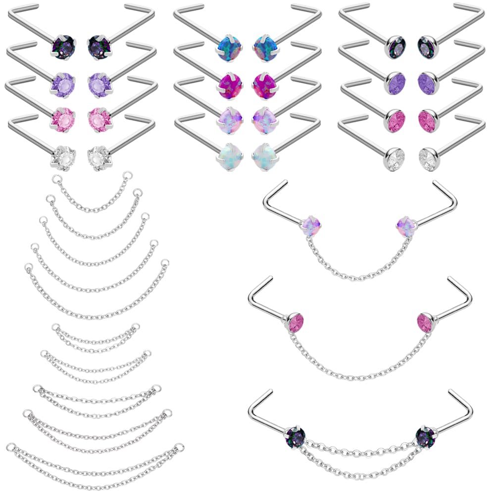 Pierstyles Nose Ring Chain Stainless Steel Nose Chain Across Nose Silver Nose Piercing Chain with 3mm CZ Nose Screw Bone L-Shaped Ring for Women Men Nose Nostril Piercing Jewelry