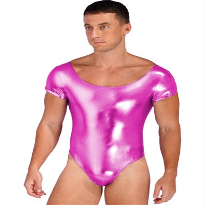 Alvivi Men Short Sleeve Thong Bodysuit Swimwear Shiny PVC Leather One-piece Bodycon Leotard Dancewear Rose X-Large