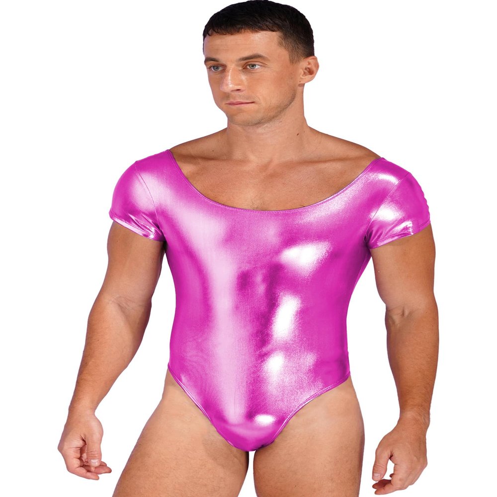Alvivi Men Short Sleeve Thong Bodysuit Swimwear Shiny PVC Leather One-piece Bodycon Leotard Dancewear Rose X-Large