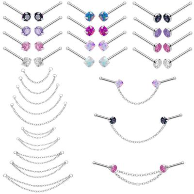 Pierstyles Nose Ring Chain Stainless Steel Nose Chain Across Nose Silver Nose Piercing Chain with 3mm CZ Nose Screw Bone L-Shaped Ring for Women Men Nose Nostril Piercing Jewelry