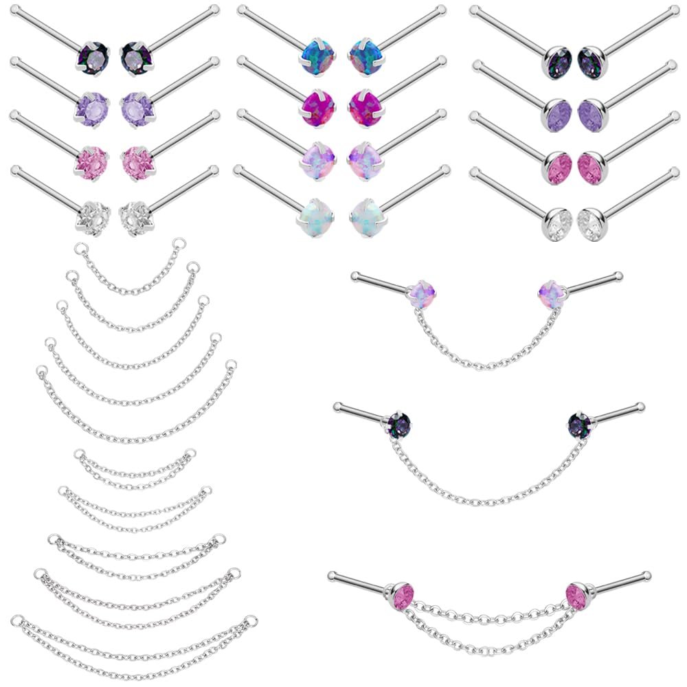 Pierstyles Nose Ring Chain Stainless Steel Nose Chain Across Nose Silver Nose Piercing Chain with 3mm CZ Nose Screw Bone L-Shaped Ring for Women Men Nose Nostril Piercing Jewelry