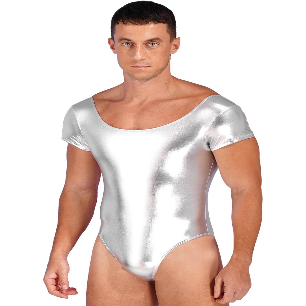Alvivi Men Short Sleeve Thong Bodysuit Swimwear Shiny PVC Leather One-Piece Bodycon Leotard Dancewear Silver XX-Large