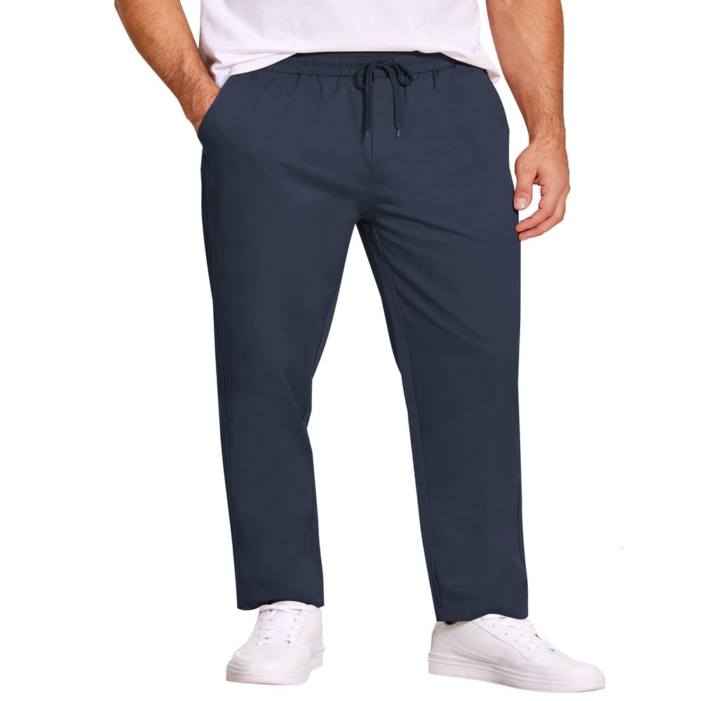 COOFANDY Mens Casual Cotton Pants Regular Fit Elastic Waist Drawstring Twill Pants Straight Leg Chino Pants Navy Blue