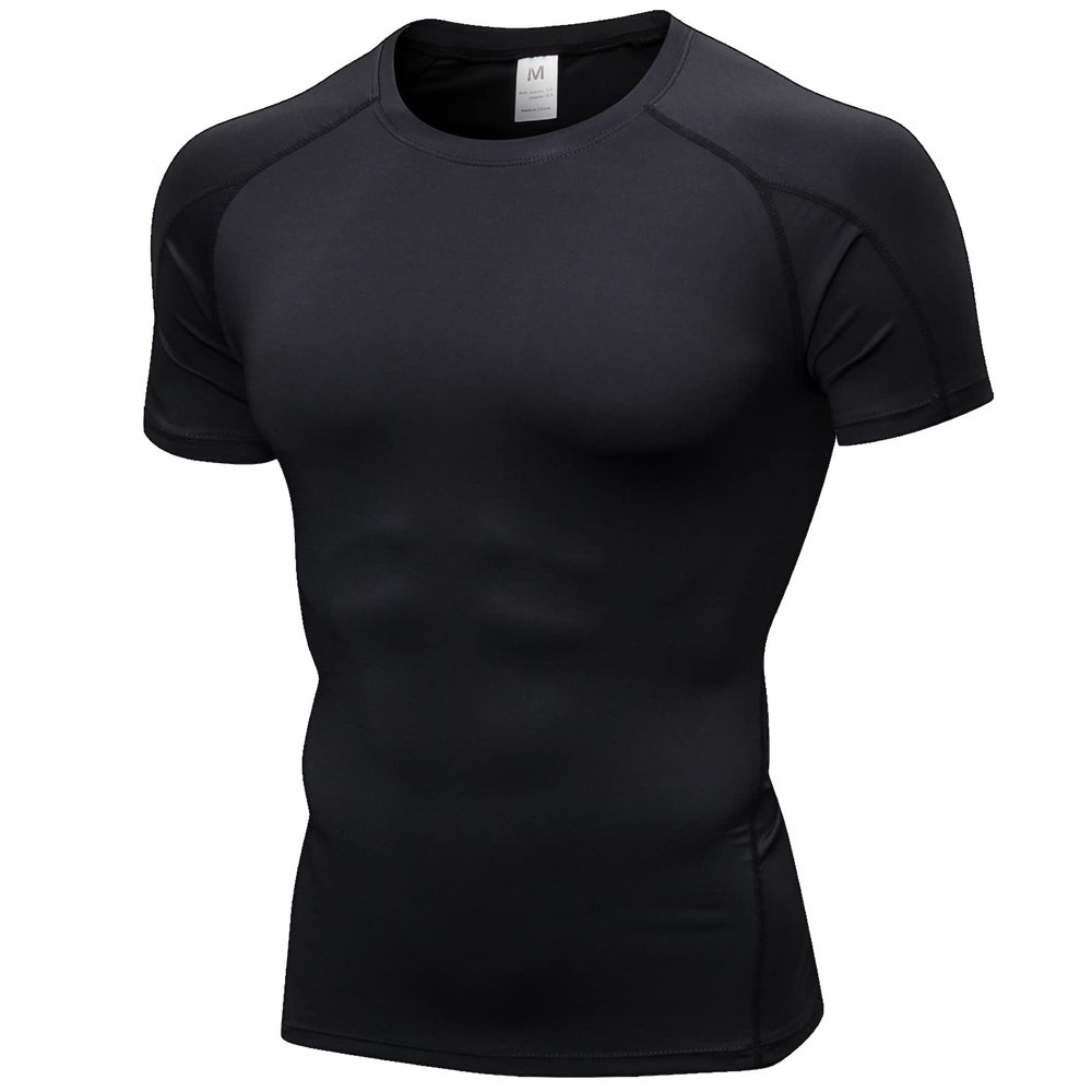 Compression Shirts for Men Short Sleeve Cool Dry Workout Running Gym T Shirts Black Undershirt for Football Basketball