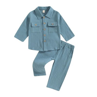 Gueuusu Baby Boy Fall Winter Clothes Toddler Cotton Linen Long Sleeve Button Up Shirt Elastic Waist Pants Set Casual Outfit (Blue, 6-12 Months)