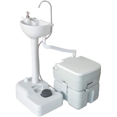 CEVIZ Portable Sink and Toilet Combination, 17L Hand Washing Station and 20L Flush Toilet, Convenient Caravan Travel Toilet Sink Cleaning Station with Rollers and Foot Pump