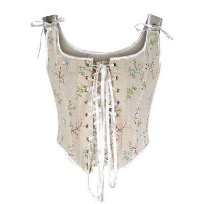 Womens Sexy Vintage Bustier Corset Tops Y2K Lace-Up Floral Push Up Crop Tops 20s Ren Faire Renaissance Costume Bodice
