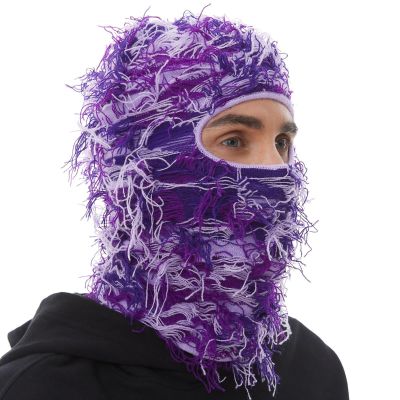 ROXUN Distressed Ski Mask Balaclava, Yeat Shiesty Fluffy Knitted Full Face Mask for Men/Women Purple Mixed
