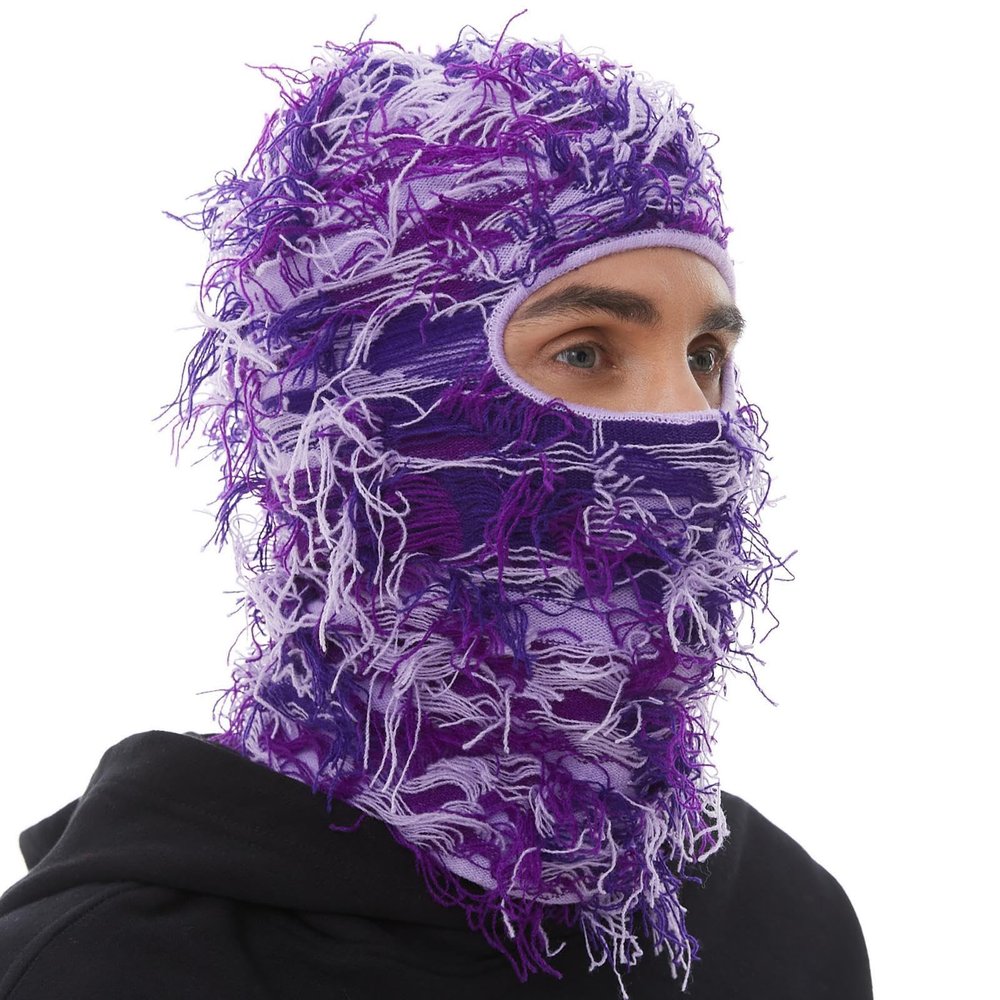 ROXUN Distressed Ski Mask Balaclava, Yeat Shiesty Fluffy Knitted Full Face Mask for Men/Women Purple Mixed