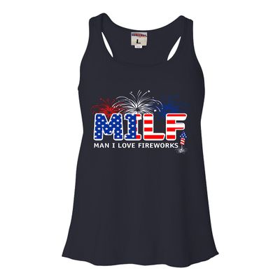 Medium Navy Blue Women Flowy Man I Love Fireworks 4th of July Fourth Funny Gift Sleeveless Tank Top T-Shirt
