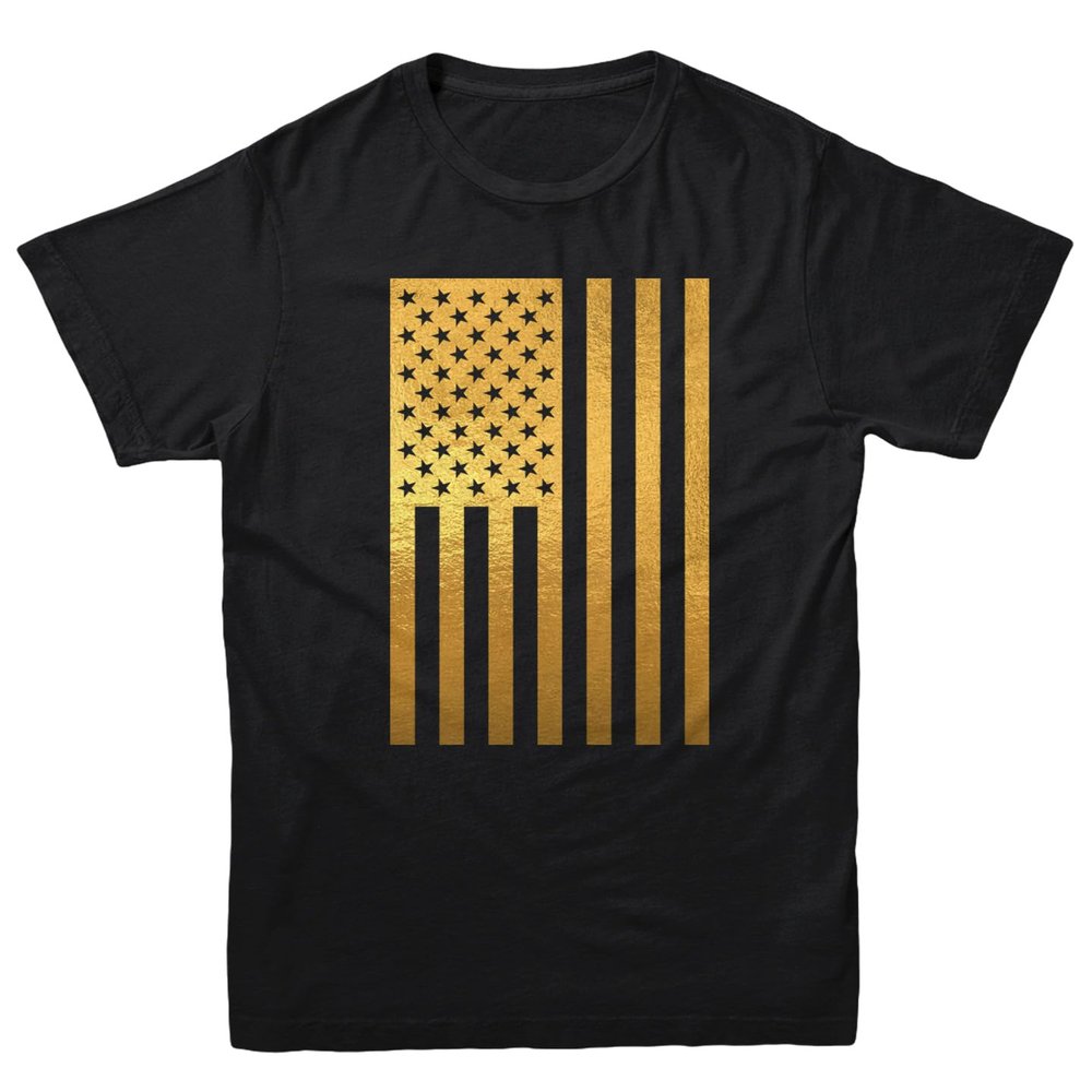 Tcombo Gold Foil American Flag - USA Freedom Youth T-Shirt (Black - Gold Foil, Small)