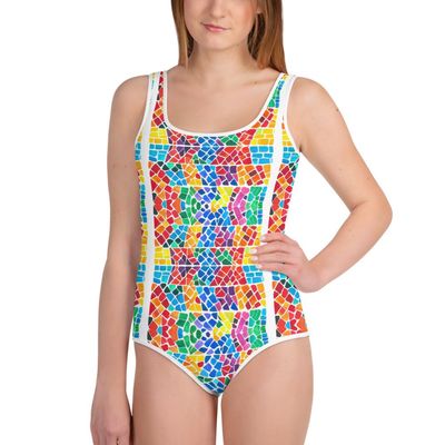 Rainbow Mosaic Girls Youth One-Piece Swimsuit