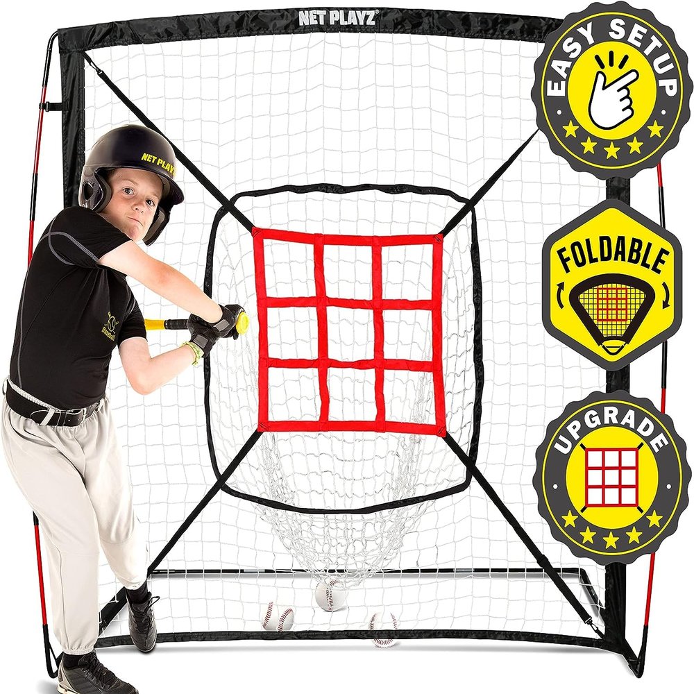 Baseball Net - Pitching & Hitting Net (9 Strike Zone, Portable & Quick-Fold) Gifts for Kids & Teens | Training Aids Equipment 5'x5', Black