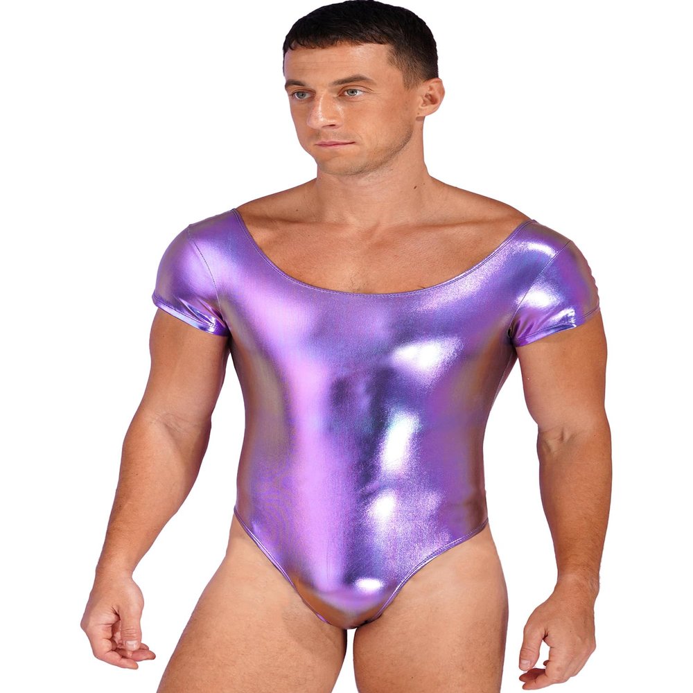 YiZYiF Men's One Piece Faux PU Leather Long Sleeve High Cut Thong Leotard Bodysuit Catsuit Dancewear Short Sleeve Purple XX-Large
