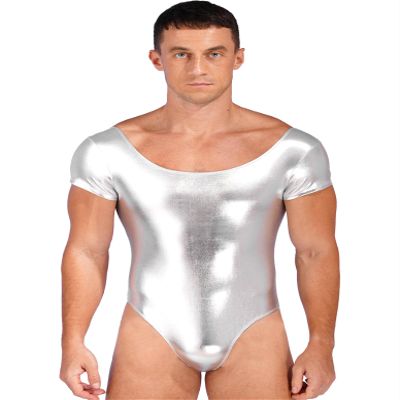 Lorilida Men Faux Leather Long Sleeves Bodysuit Dance Leotard One Piece Catsuit Wrestling Singlet Short Sleeve Silver Large
