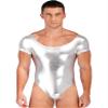 Lorilida Men Faux Leather Long Sleeves Bodysuit Dance Leotard One Piece Catsuit Wrestling Singlet Short Sleeve Silver Large view 1