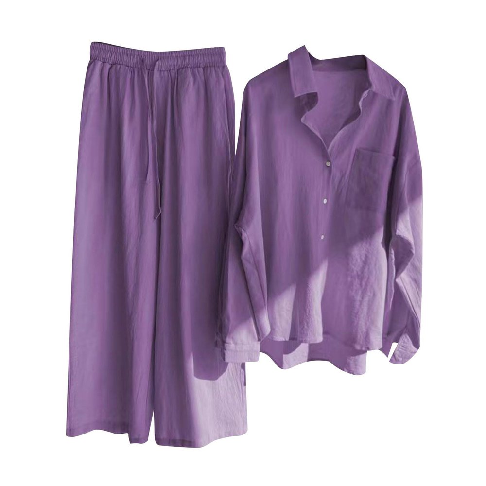 Women 2 Piece Cotton Linen Outfits Dressy Business Work Suits Oversized Long Sleeve Button Tops High Waist Pants Suit
