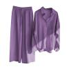 Women 2 Piece Cotton Linen Outfits Dressy Business Work Suits Oversized Long Sleeve Button Tops High Waist Pants Suit view 1