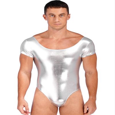 YiZYiF Men's One Piece Faux PU Leather Long Sleeve High Cut Thong Leotard Bodysuit Catsuit Dancewear Short Sleeve Silver XX-Large