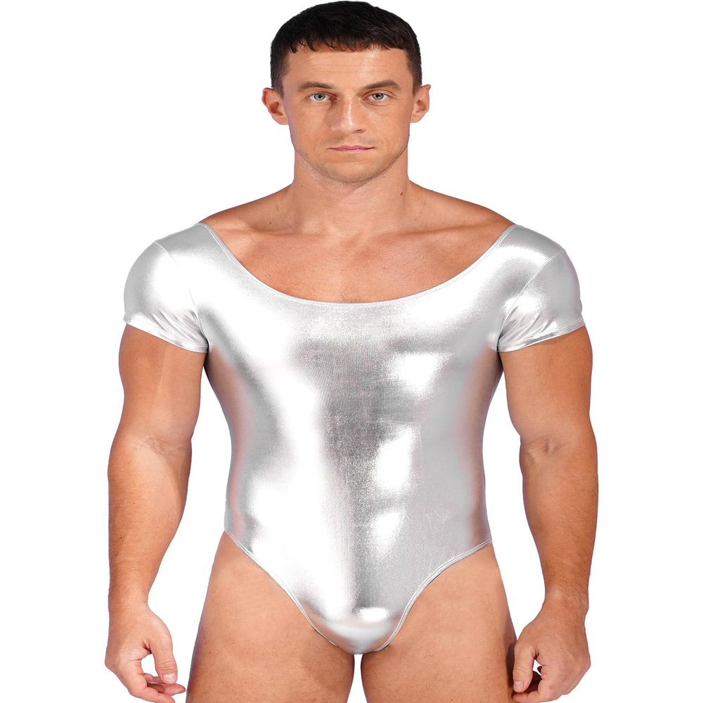 YiZYiF Men's One Piece Faux PU Leather Long Sleeve High Cut Thong Leotard Bodysuit Catsuit Dancewear Short Sleeve Silver XX-Large