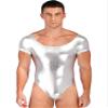 YiZYiF Men's One Piece Faux PU Leather Long Sleeve High Cut Thong Leotard Bodysuit Catsuit Dancewear Short Sleeve Silver XX-Large view 1