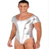 YiZYiF Men's One Piece Faux PU Leather Long Sleeve High Cut Thong Leotard Bodysuit Catsuit Dancewear Short Sleeve Silver XX-Large view 3