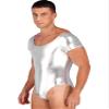 YiZYiF Men's One Piece Faux PU Leather Long Sleeve High Cut Thong Leotard Bodysuit Catsuit Dancewear Short Sleeve Silver XX-Large view 4