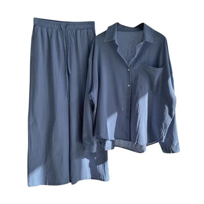 Women 2 Piece Cotton Linen Outfits Dressy Business Work Suits Oversized Long Sleeve Button Tops High Waist Pants Suit