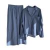 Women 2 Piece Cotton Linen Outfits Dressy Business Work Suits Oversized Long Sleeve Button Tops High Waist Pants Suit view 1