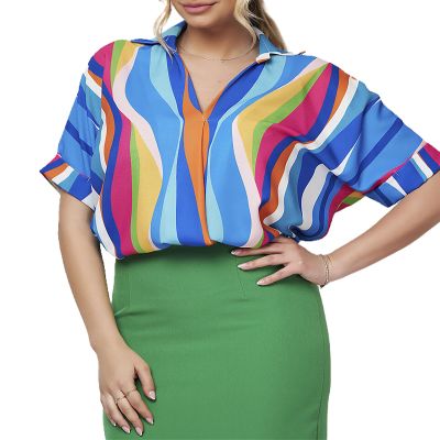 Jelly Brynn Women's Stripe Work Shirt Office Lady V-Neck Blouse Short Sleeve Loose Fit (as1, Alpha, s, Regular, Regular, Blue)