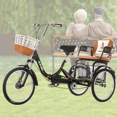 Adult Tricycle Folding Bicycle with Big Shopping Basket and Back Seat 20in Parent-Child Mobility Bike 3 Wheels Cruiser Bike Pedal Bike Double Chain Shock Absorbing Fork Max Load 440lbs (8black)