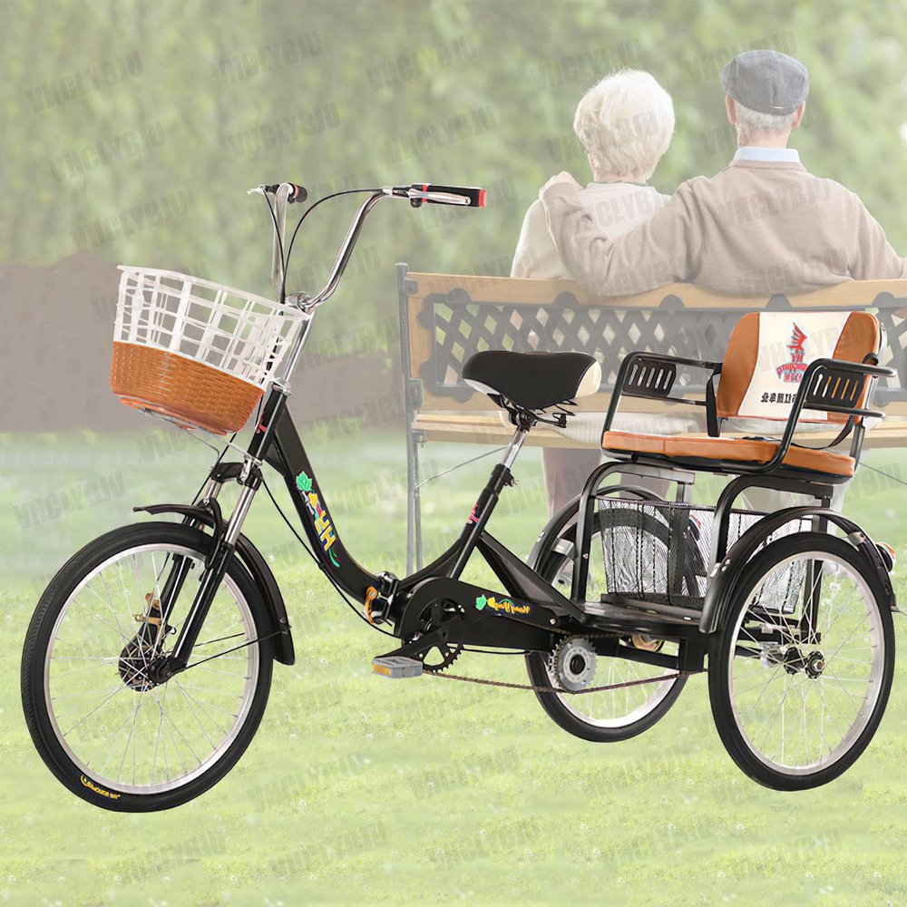 Adult Tricycle Folding Bicycle with Big Shopping Basket and Back Seat 20in Parent-Child Mobility Bike 3 Wheels Cruiser Bike Pedal Bike Double Chain Shock Absorbing Fork Max Load 440lbs (8black)