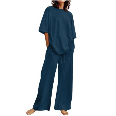 Womens 2 Piece Cotton Linen Beach Outfits Plus Size Button Down Blouses and Long Pants Suits Dressy Business Work Set