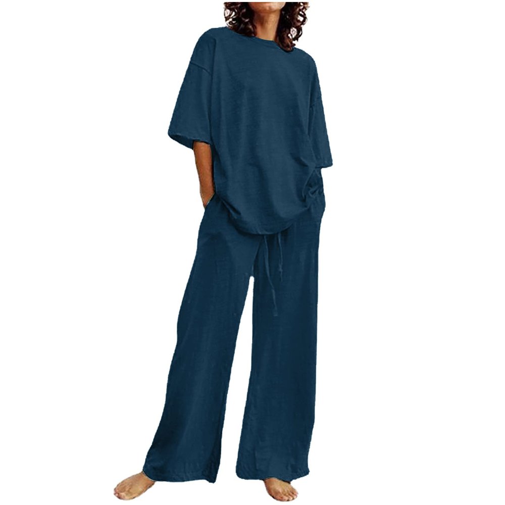 Womens 2 Piece Cotton Linen Beach Outfits Plus Size Button Down Blouses and Long Pants Suits Dressy Business Work Set