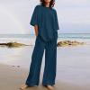 Womens 2 Piece Cotton Linen Beach Outfits Plus Size Button Down Blouses and Long Pants Suits Dressy Business Work Set view 4