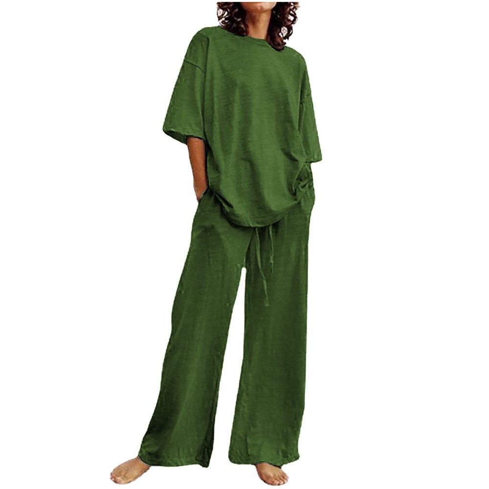 Womens 2 Piece Cotton Linen Beach Outfits Plus Size Button Down Blouses and Long Pants Suits Dressy Business Work Set