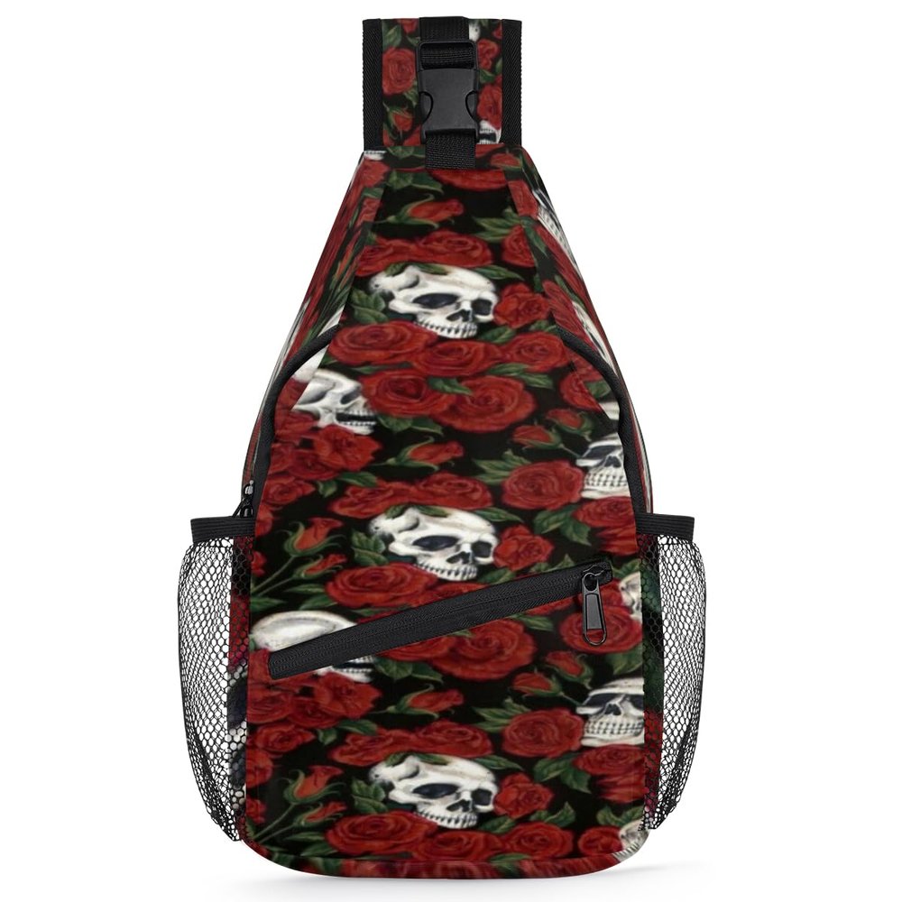 bisibuy Skull Red Rose Sling Bag for Women Men Crossbody Sling Backpack Shoulder Bag Chest Bag Daypack for Travel Hiking Outdoor