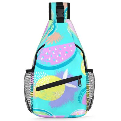 bisibuy Watermelon Strawberry Oranges Blue Background Sling Bag for Women Men Crossbody Sling Backpack Shoulder Bag Chest Bag Daypack for Travel Hiking Outdoor