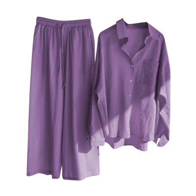 Womens 2 Piece Cotton Linen Beach Outfits Plus Size Button Down Blouses and Long Pants Suits Dressy Business Work Set