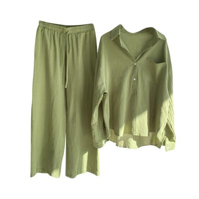 Womens 2 Piece Cotton Linen Beach Outfits Plus Size Button Down Blouses and Long Pants Suits Dressy Business Work Set