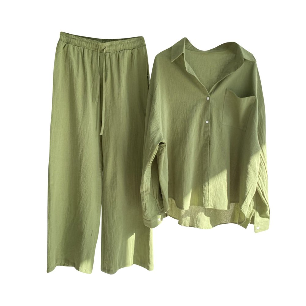 Womens 2 Piece Cotton Linen Beach Outfits Plus Size Button Down Blouses and Long Pants Suits Dressy Business Work Set