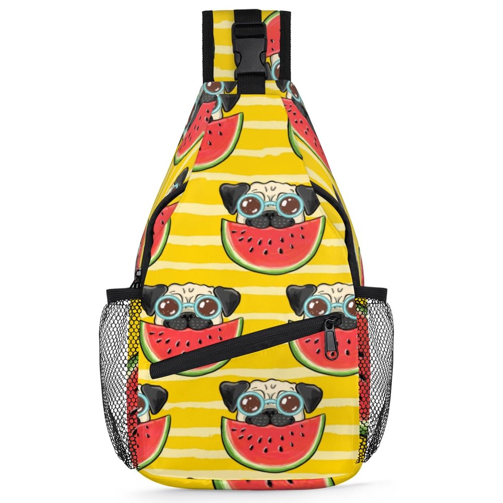 bisibuy Funny Pug Dog Watermelon Sling Bag for Women Men Crossbody Sling Backpack Shoulder Bag Chest Bag Daypack for Travel Hiking Outdoor