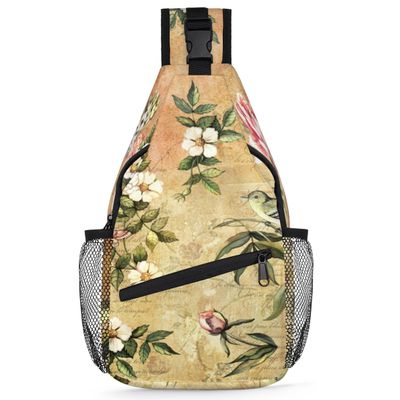 bisibuy Vintage Background Bird Flower Leaf Sling Bag for Women Men Crossbody Sling Backpack Shoulder Bag Chest Bag Daypack for Travel Hiking Outdoor