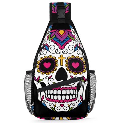 bisibuy Mexican Sugar Skull Sling Bag for Women Men Crossbody Sling Backpack Shoulder Bag Chest Bag Daypack for Travel Hiking Outdoor