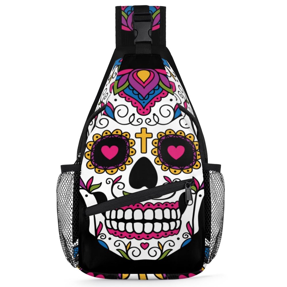 bisibuy Mexican Sugar Skull Sling Bag for Women Men Crossbody Sling Backpack Shoulder Bag Chest Bag Daypack for Travel Hiking Outdoor