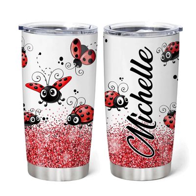 Hyturtle Personalized Gifts LadyBug Lover - Ladybugs Printed Customized Name Stainless Steel Tumbler 20 oz With Lid - Idea Cute Animals Lover Gifts For Women, Girl On Birthday, Christmas
