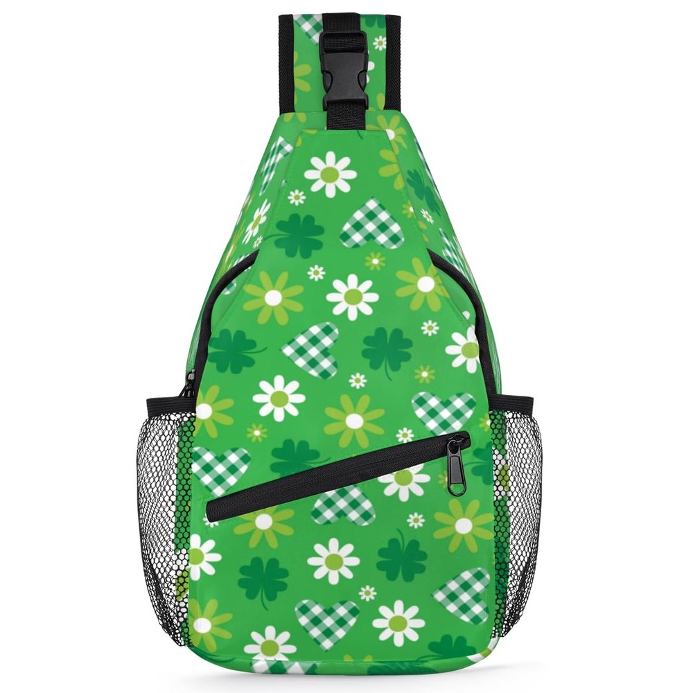 bisibuy Green Hearts And Flowers Sling Bag for Women Men Crossbody Sling Backpack Shoulder Bag Chest Bag Daypack for Travel Hiking Outdoor