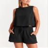 Canbebig 2 Piece Outfits for Women Summer Sleeveless Crop Tank Top High Waist Shorts Suit Loose Casual Short Set with Pockets view 3