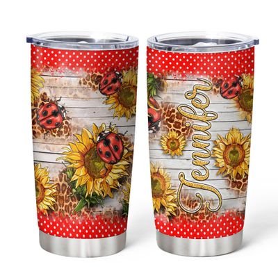Hyturtle Personalized Gifts LadyBug Lover - Ladybugs Printed Sunflower Customized Name Stainless Steel Tumbler 20 oz With Lid - Idea Cute Animals Lover Gifts For Women, Girl On Birthday, Christmas